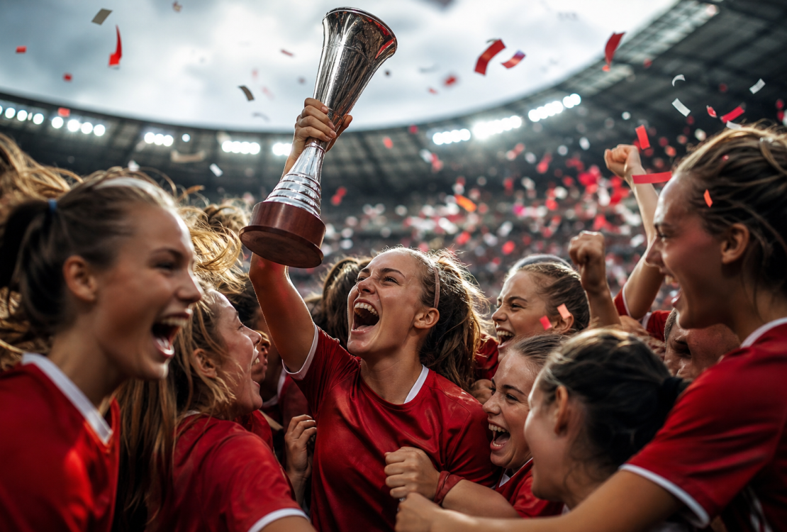 Jogadoras da seleção espanhola feminina Sub-20 comemoram a conquista do Mundial em estádio na Polônia.