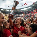 Jogadoras da seleção espanhola feminina Sub-20 comemoram a conquista do Mundial em estádio na Polônia.
