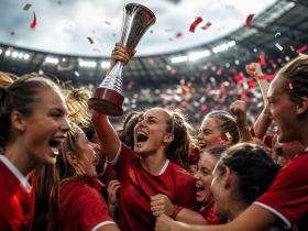 Jogadoras da seleção espanhola feminina Sub-20 comemoram a conquista do Mundial em estádio na Polônia.