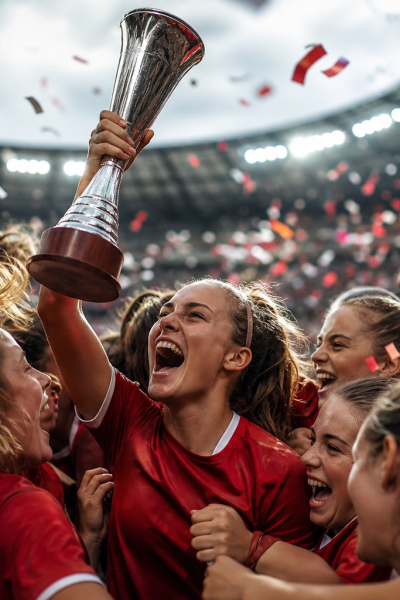 Jogadoras da seleção espanhola feminina Sub-20 comemoram a conquista do Mundial em estádio na Polônia.