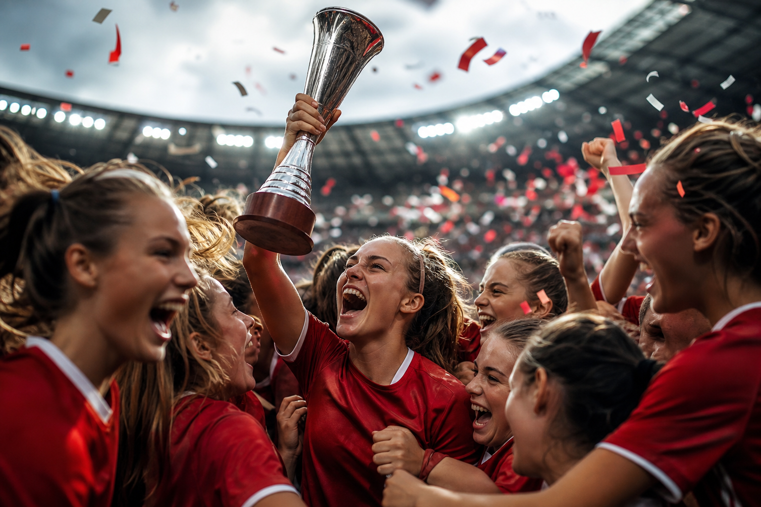 Jogadoras da seleção espanhola feminina Sub-20 comemoram a conquista do Mundial em estádio na Polônia.
