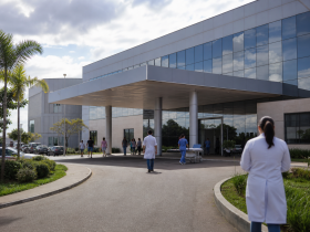 Fachada e área de atendimento do Hospital Municipal Universitário de Porto Velho durante a inauguração da unidade