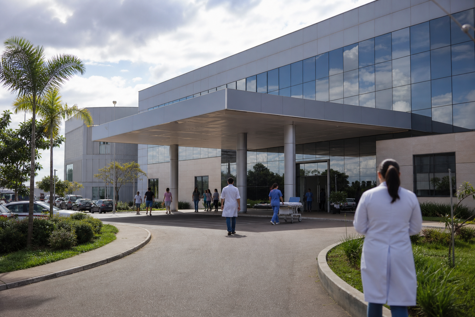 Fachada e área de atendimento do Hospital Municipal Universitário de Porto Velho durante a inauguração da unidade